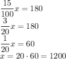 \dfrac{15}{100}x=180\\\dfrac{3}{20}x=180\\\dfrac{1}{20}x=60\\x=20 \cdot 60=1200