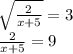 \sqrt{ \frac{2}{x + 5} } = 3 \\ \frac{2}{x + 5} = 9 \\