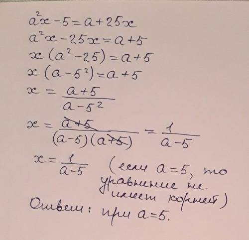 При каком значении параметра a уравнение a^2x−5=a+25x не имеет решений?