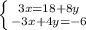 \left \{ {{3x=18+8y} \atop {-3x+4y=-6}} \right.