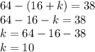 64-(16+k)=38\\64-16-k=38\\k=64-16-38\\k=10\\