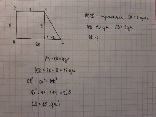 Основания прямоугольника трапеции равны 8дм и 20дм. Меньшая боковая сторона равна 9дм вычисли больш