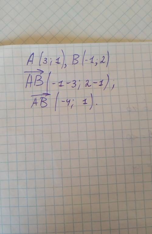 Даны точки А( 3; 1 ), В( -1; 2). Найдите координаты вектора АВ