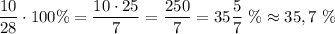 \dfrac{10}{28}\cdot 100\%=\dfrac{10\cdot25}7=\dfrac{250}7=35\dfrac 57\ \%\approx 35,7\ \%