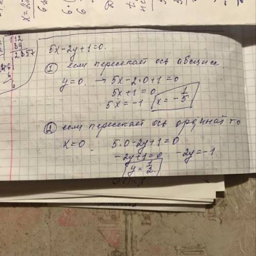 График уравнение 5x-2y+1=0 пересекает абсцисс в точке с координатами ,а ось ординат в точке