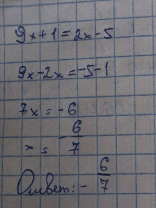 Розв’язати рівняння 9x+1=2x-5 Заранее