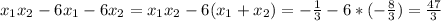 x_{1}x_{2}-6x_{1}-6x_{2}=x_{1}x_{2}-6(x_{1}+x_{2})=-\frac{1}{3}-6*(-\frac{8}{3})=\frac{47}{3}