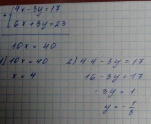 Решить систему уравнений в сложения 4х-3у=17 6х+3у=23