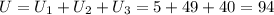 U=U_1+U_2+U_3=5+49+40=94