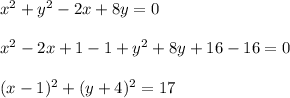 x^2+y^2-2x+8y=0\\\\x^2-2x+1-1+y^2+8y+16-16=0\\\\(x-1)^2+(y+4)^2=17