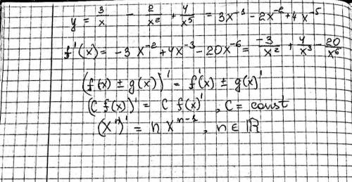 Знайдіть похідну функції:y = 3/x - 2/x^2 +4/x^5​