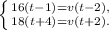 \left \{ {{16(t-1)=v(t-2),} \atop {18(t+4)=v(t+2).}} \right.