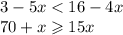 3 - 5x < 16 - 4x \\ 70 + x \geqslant 15x