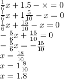 \frac{1}{6} x + 1.5 - \times = 0 \\ \frac{1}{6} x + 1 \frac{5}{10} - x = 0 \\ \frac{1}{6} x + \frac{15}{10 } - x = 0 \\ - \frac{5}{6}x + \frac{15}{10} = 0 \\ - \frac{5}{6 }x = - \frac{15}{10} \\ x = \frac{18}{10} \\ x = 1 \frac{8}{10} \\ x = 1.8