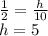 \frac{1}{2}=\frac{h}{10} \\ h=5