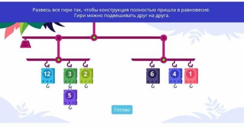 Развесь гири так,чтобы конструкция полностью пришла в равновесие.