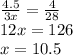 \frac{4.5}{3x} =\frac{4}{28} \\12x=126\\x=10.5