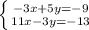 \left \{ {{-3x + 5y = -9} \atop {11x - 3y = -13}} \right.