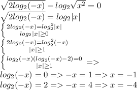 \sqrt{2log_2(-x)} - log_2\sqrt{x^2} = 0\\\sqrt{2log_2(-x)} = log_2|x|\\\left \{ {{2log_2(-x) = log_2^2|x|\\} \atop {log_2|x| \geq 0 }} \right. \\\left \{ {{2log_2(-x) = log^2_2(-x)} \atop {|x| \geq 1}} \right. \\\left \{ {{log_2(-x)(log_2(-x)-2) = 0} \atop {|x|\geq 1}} \right. = \\ log_2(-x) = 0 = -x = 1 = x = -1\\log_2(-x) = 2 = -x = 4 = x = -4\\