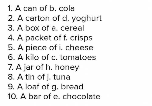 1. A can of a. cereal 2. A carton of b. cola 3. A box of c. tomatoes 4. A packet of d. yoghurt 5. A