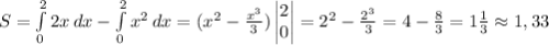 S=\int\limits^2_0 {2x} \, dx-\int\limits^2_0 {x^2} \, dx=(x^2-\frac{x^3}{3})\begin{vmatrix}2\\0\end{vmatrix} =2^2-\frac{2^3}{3}=4-\frac{8}{3}=1\frac{1}{3} \approx1,33