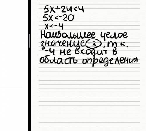 Найти наибольшое целое решение неравенства 5x+24<4