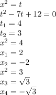 x^2=t\\t^2-7t+12=0\\t_1=4\\t_2=3\\x^2=4\\x_1=2\\x_2=-2\\x^2=3\\x_3=\sqrt{3}\\x_4=-\sqrt{3}