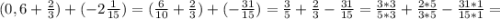 (0,6+\frac{2}{3})+(- 2\frac{1}{15})=(\frac{6}{10} +\frac{2}{3})+(- \frac{31}{15})=\frac{3}{5}+\frac{2}{3}- \frac{31}{15}= \frac{3*3}{5*3}+\frac{2*5}{3*5}- \frac{31*1}{15*1}=