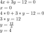 4x+3y-12=0\\x=0\\4*0+3*y-12=0\\3*y=12\\y=\frac{12}{3}\\y=4