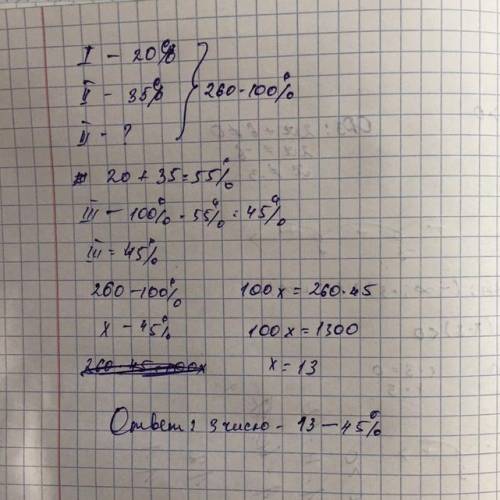 Сумма трёх чисел ровна 260 пераое число состовляест 20% от всей суммы второе число состовляет 35% вс