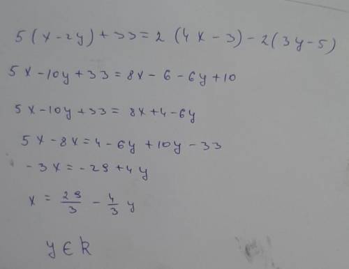 Розвяжіть систему рівнянь 5(x-2y)+33=2(4x-3)-2(3y-5) 2(3x-5y)-3(x-5)=56-4(6+2y)