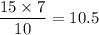 \dfrac{15 \times 7}{10} = 10.5