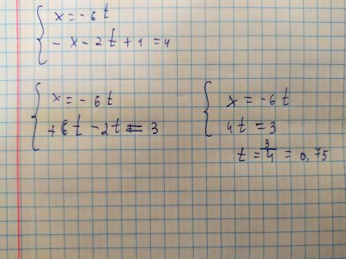 Реши систему уравнений методом подстановки. {−x−2t+1=4 x=−6−t ответ: x= t=