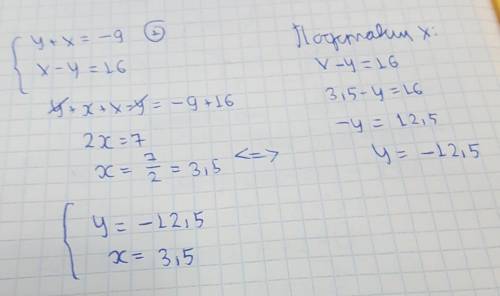 Реши систему уравнений: {y+x=−9 x−y=16