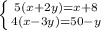 \left \{ {{5(x+2y)=x+8} \atop {4(x-3y)=50-y}} \right.