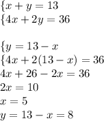 \{x+y=13\\\{4x+2y=36 \\\\\{y=13-x\\\{4x+2(13-x)=36\\4x+26-2x=36\\2x=10\\x=5\\y=13-x=8