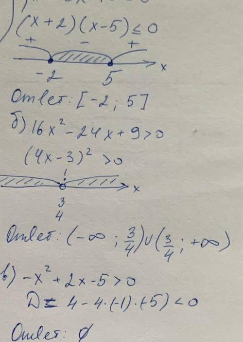 Решите квадратное неравенство: а) х2 - 3х - 10 ≤ 0; 6) 16х2 - 24х + 9 > 0; в) -х 2 + 2х - 5 >