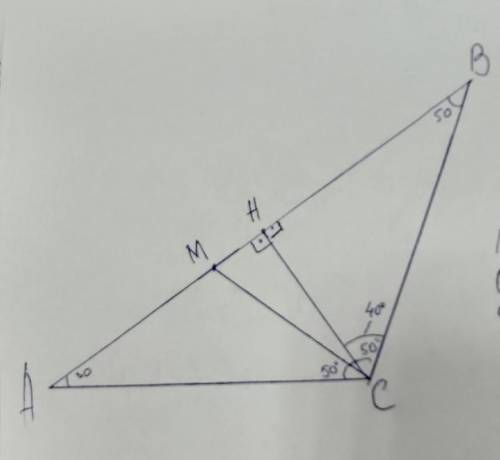 Два гострі кути трикутника дорівнюють 30 і 50 градусів . Знайти градусну міру кута між висотою і біс