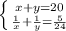 \left \{ {{x+y=20} \atop {\frac{1}{x} +\frac{1}{y} =\frac{5}{24} }} \right.