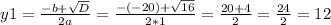 y1=\frac{-b+\sqrt{D} }{2a} =\frac{-(-20)+\sqrt{16} }{2*1}=\frac{20+4}{2}=\frac{24}{2} =12