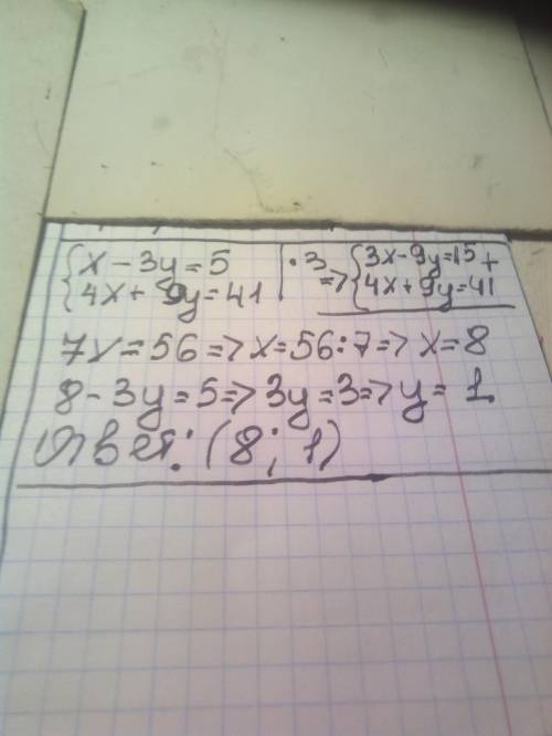 Розв'яжіть систему методом додавання :{x-3y=5,4х+9y=41;​