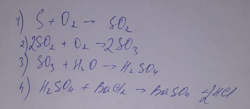 Складіть рівняння реакцій за поданою схемою :S->SO2->SO3->H2SO4->BaSO4
