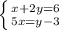 \left \{ {{x+2y=6} \atop {5x=y-3}} \right.