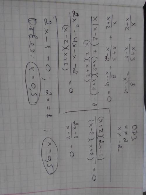 Решите уравнение: х / x+2 + x+3/ x-2 = 8/ x^2- 4 / это дробь