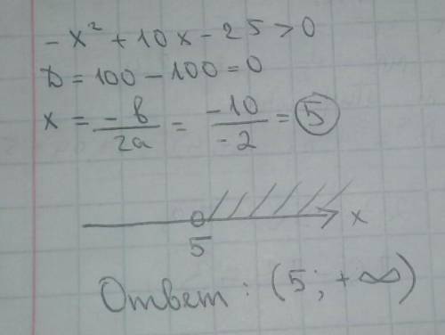 Вот смотрите мне дано неравенство -x^2+10x-25>0 и D=0 тогда у меня остаётся только один корень 5