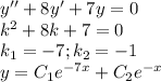 y''+8y'+7y=0\\k^2+8k+7=0\\k_1=-7;k_2=-1\\y=C_1e^{-7x}+C_2e^{-x}