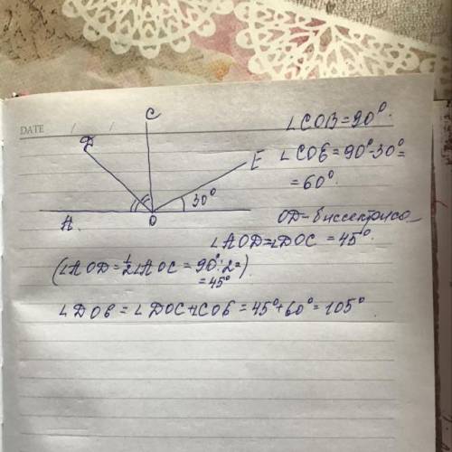 Угол СОВ – прямой. OD – биссектриса угла АОС. Найдите угол DOE, если известно, что угол ЕОВ равен бы