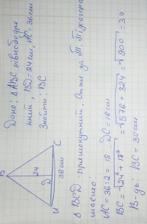 Основа рівнобедреного трикутника дорівнює 36см, а висота,проедена до основи - 24см. Знайдіть бічну с