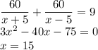 \dfrac{60}{x+5}+\dfrac{60}{x-5}=9\\3x^2-40x-75=0\\x=15