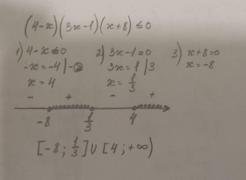 Решите неравенство: . (4-х)(3х-1)(х+8) ≤ 0те